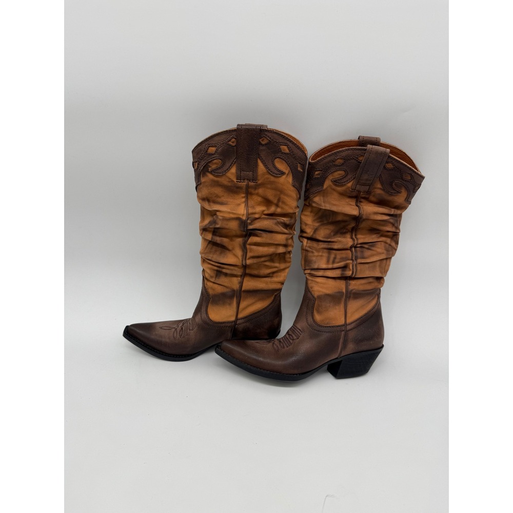Grey Mer Brown Distressed Leather Slouch Cowboy Western Boots Women's EU 37 US 7
